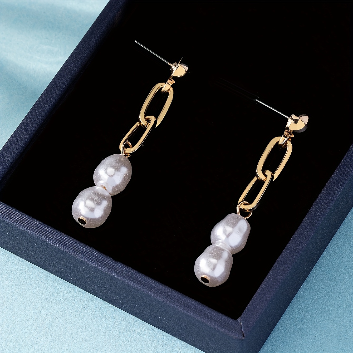 Faux Pearl Drop Earrings French Inspired with Chain Clasp
