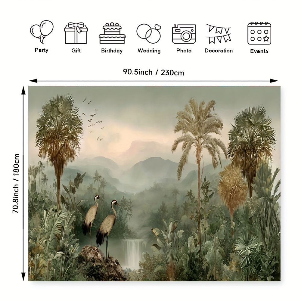 TEMU 2d Flat, 1pc Tree & Bird Mural Backdrop - Large Palm Leaves, Palm Trees, Birds & Monstera Flowers Jungle Theme - -like Wallpaper For Walls,