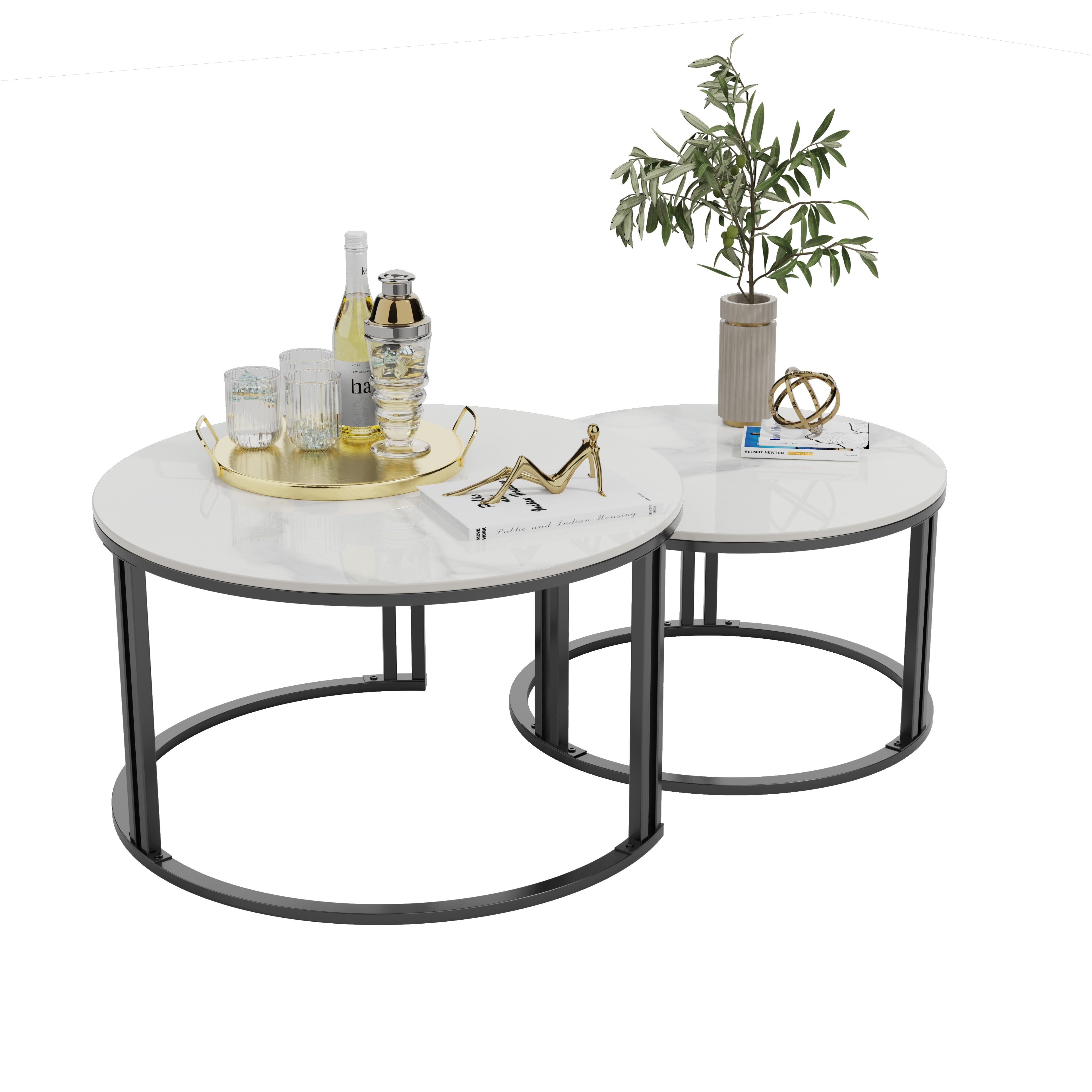 Coffee Table: Set Of 2 Modern Round Nesting Coffee Table Sintered Stone-top Stacking Sofa Accent Table For Living Rooms, Apartments