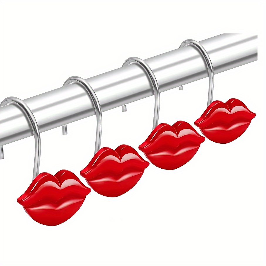 

12pcs Valentine's Day Red Lips Shaped Metal Resin Shower Curtain Hooks – Stylish Bathroom Decor For Living Room, Bedroom & Kitchen – , Slide , Not Easy To Fall Off