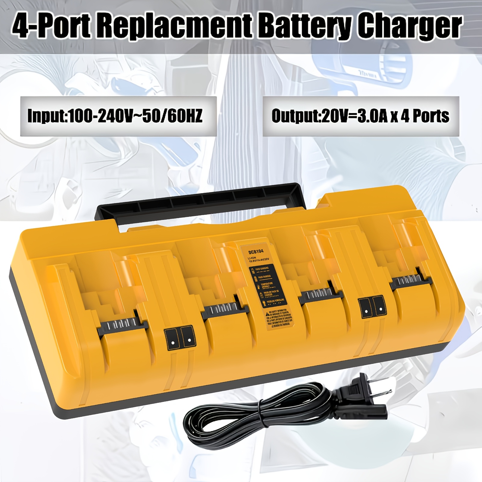 TEMU Chargeur Rapide de Remplacement à 4 Ports, Adapté au Chargeur DEWALT DCB104, Compatible avec les Batteries Dewalt 12V/20V Max DCB127, DCB200,