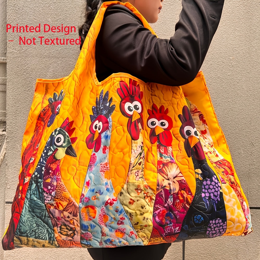 Image of Printed Design - Not Textured Large Capacity Portable Shopping Bag Lightweight Foldable Shopping Bag Memory Fabric Group Chicken Single Shoulder Handheld Large Tote Bag
