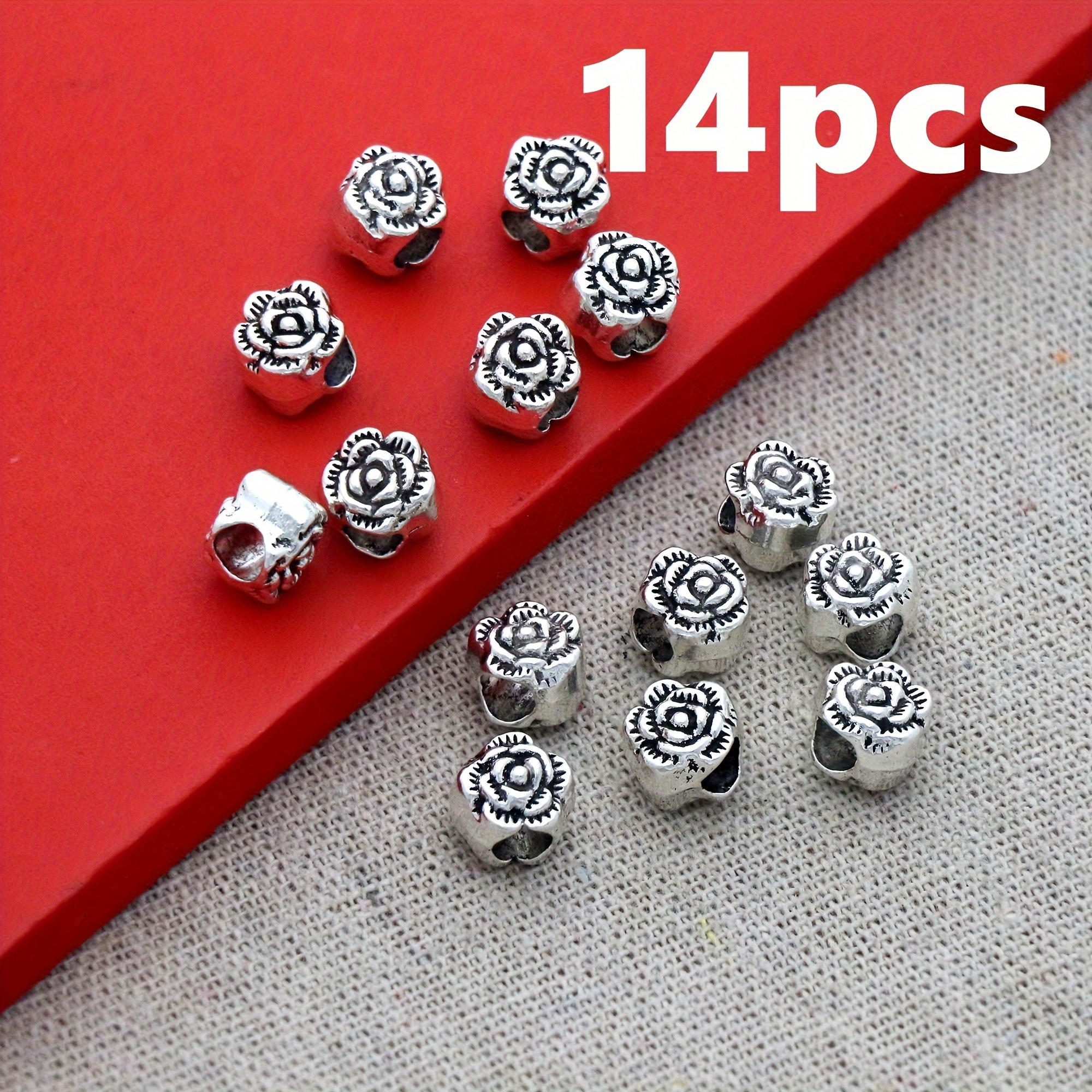 Image of 14pcs Silvery Rose Y2k Punk Style 10x9mm Antique Silvery Flower Alloy Large Hole Beads For Jewelry Making Diy Bracelet Necklace Earrings Key Bag Chain Bulk Crafts Birthday Gifts Supplies