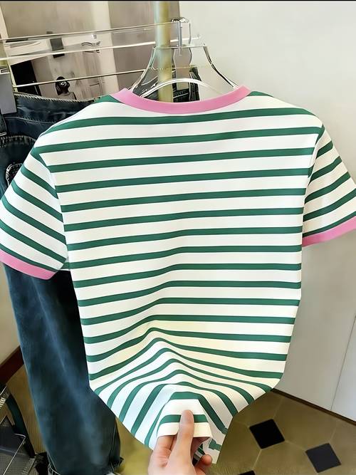 camiseta de moda vintage de manga corta a rayas con cuello de , estilo