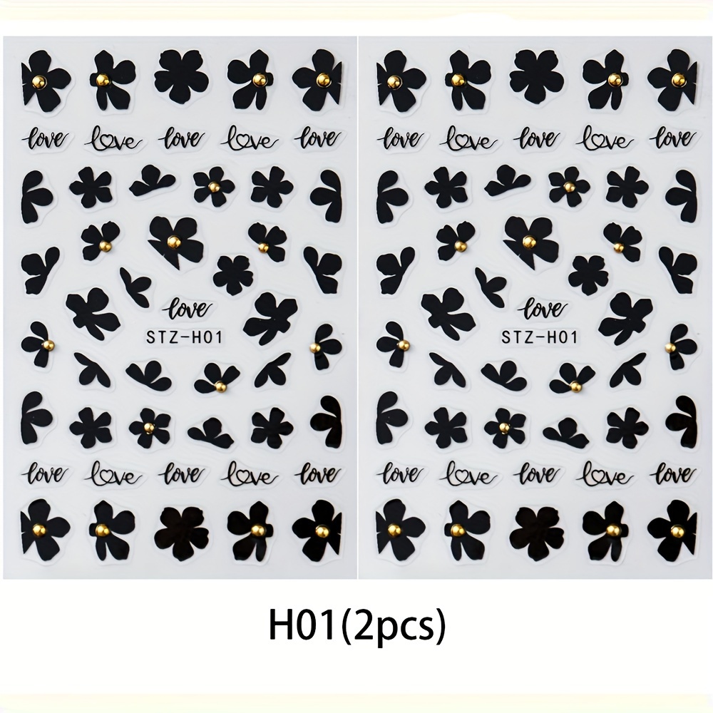 Image of 2pcs Black Floral Nail Sticker Set European Chic Camellia Flowers With Beads 3d Self-adhesive Acrylic Nail Charms, Women And S Manicure Supplies Nail Art Stickers