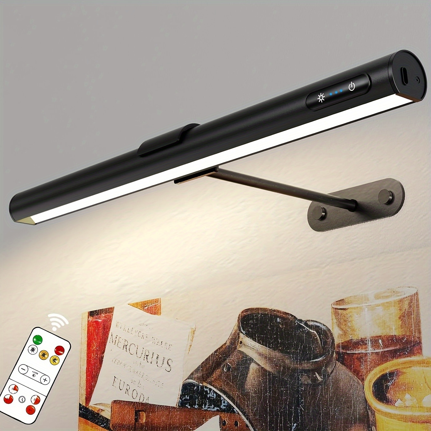 TEMU Picture Lights For Wall - 4000mah Rechargeable Battery Wireless Picture Light With Remote, 3 Color And Dimmable, 15.7" Rotatable Art Light,
