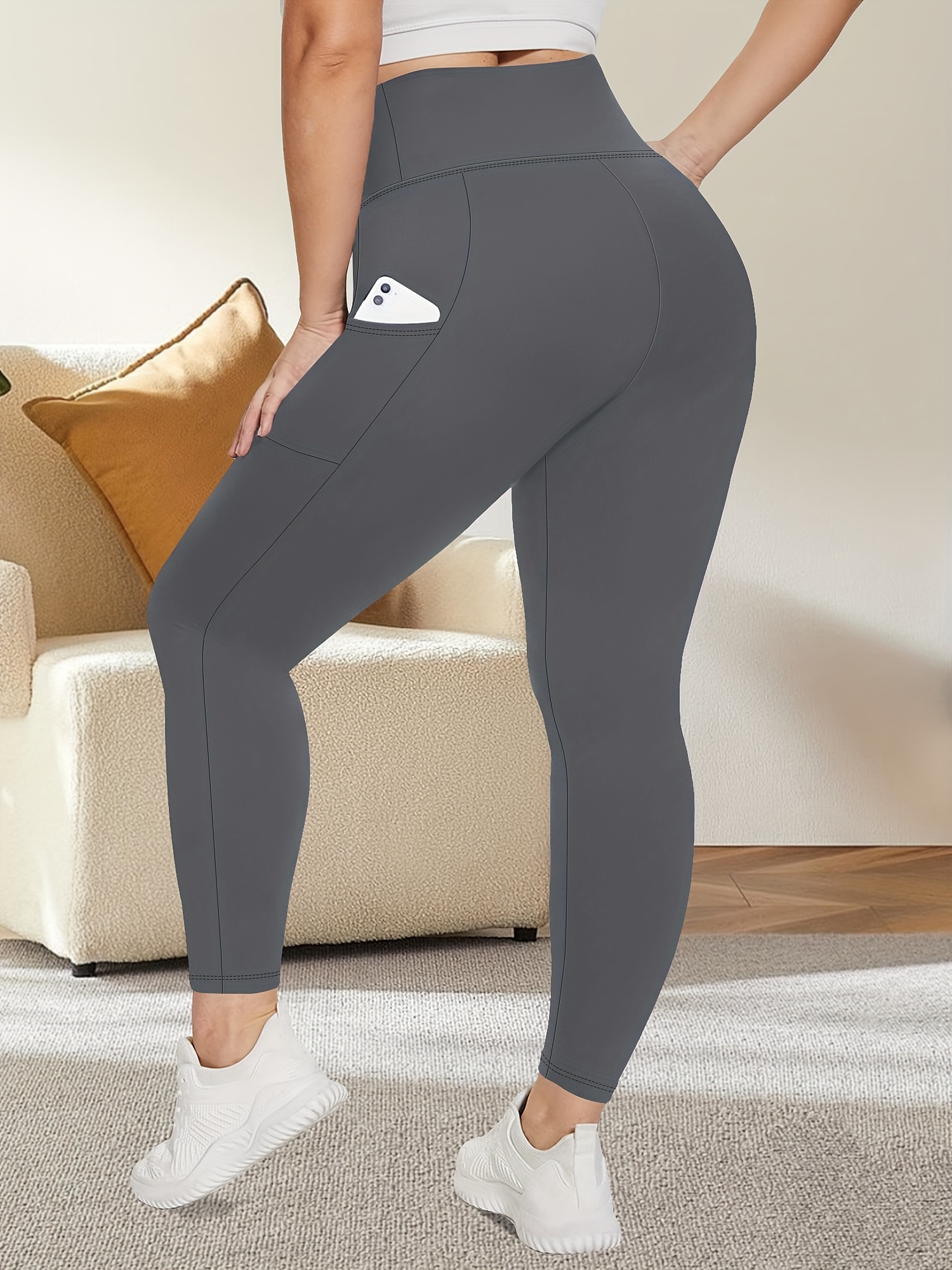 Plus Size High Waist Yoga Pants with Side Pockets - 88% Polyester 12% Elastane Stretchy Tummy Control Leggings, Sculpting Workout Gym Activewear for Women, All-Season Comfort (Machine Washable)