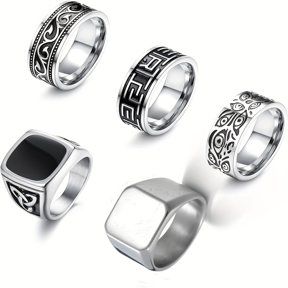 TEMU 5pcs 304 304 304 304 Stainless Steel Rings For Men Greek Signet Thumb Silvery Retro Carving Celtic Band Rings Vintage Biker Band Rings Set