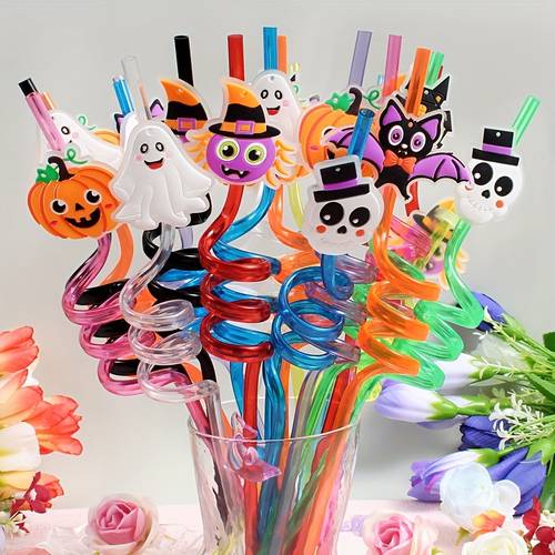 12 in the dark halloween themed straws reusable durable pet material with bat skull pumpkin and spider witch designs for birthday parties halloween ghost party gifts