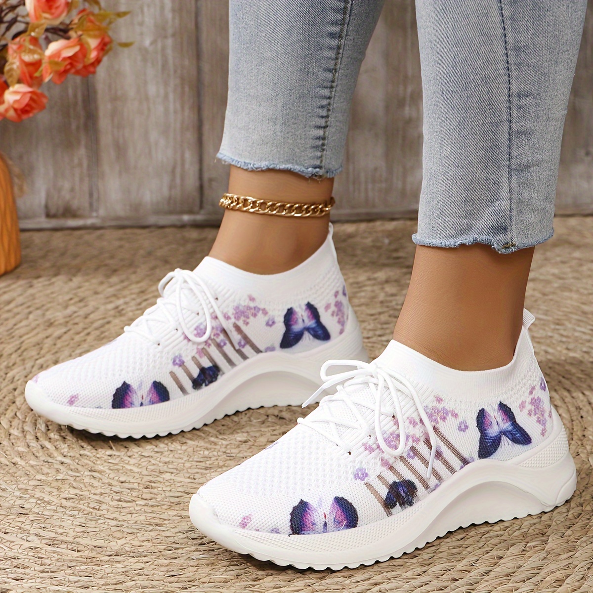 

Women's Fashion Sneakers With Butterfly Pattern, Breathable Lace Up Knit Running Trainers, Comfy Outdoor Walking Shoes