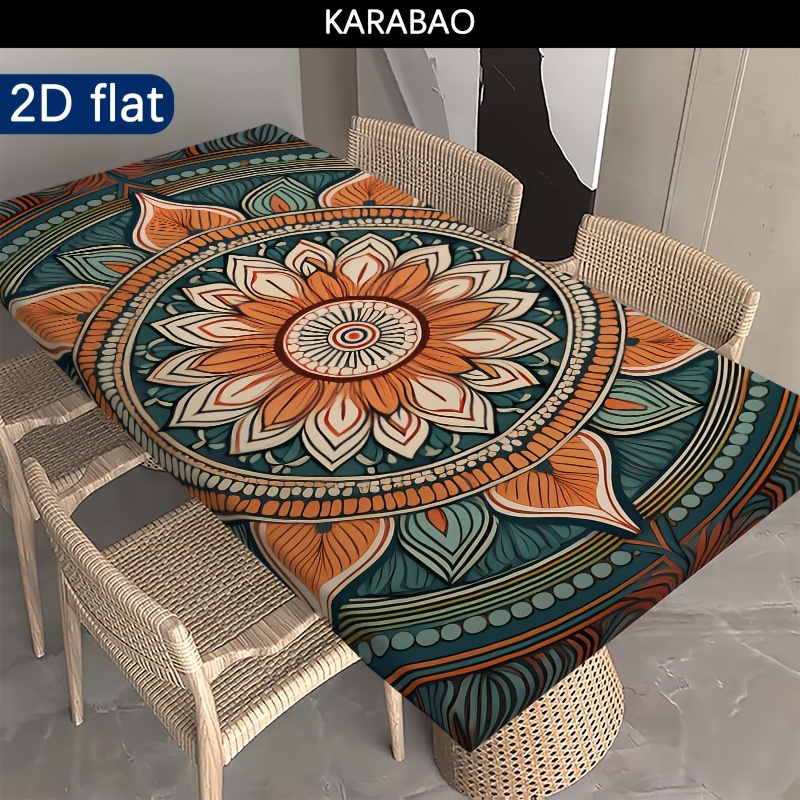 TEMU 1pc Mantel Elástico con Diseño de Mandala Floral - Cubierta Rectangular de Poliéster Duradera para Camping, Picnics y Fiestas en el Jardín - Uso