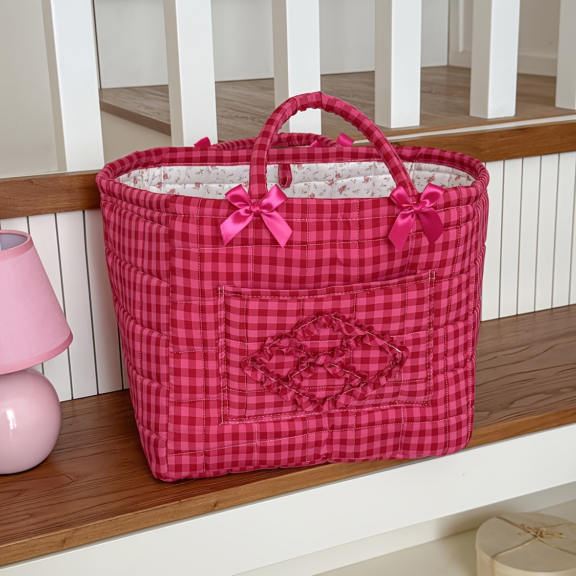Handheld Quilted Storage Basket With Red Checkered Pattern And Bow Decoration, Large Capacity, Practical Organizer For Home And Car, Ideal For Storing Clothing And Daily Essentials