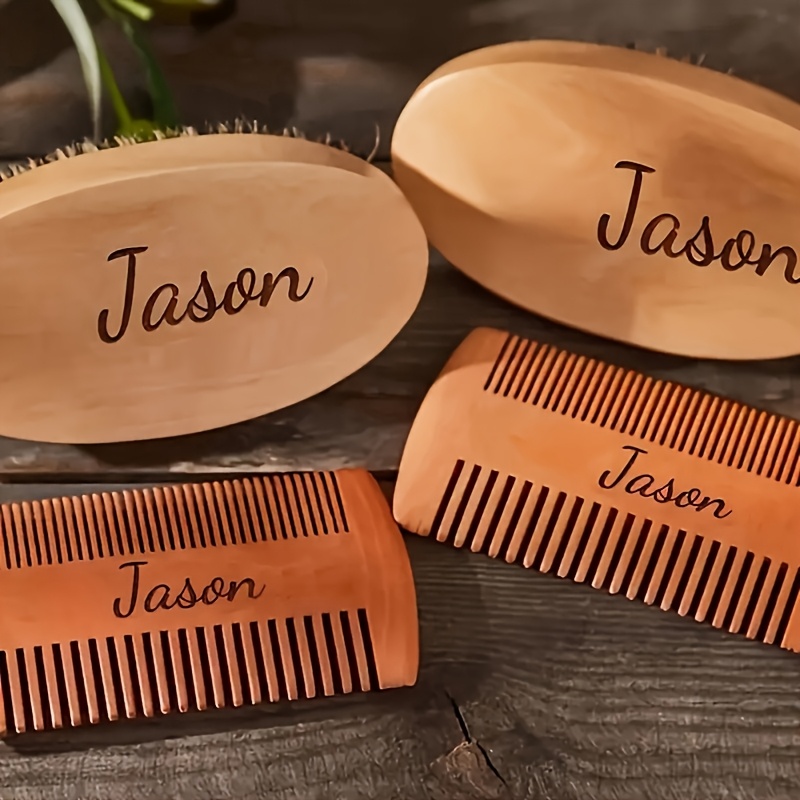 TEMU Set de soin de pour homme, 2 pièces, en bois de hêtre, personnalisable avec du nom/initials/date, avec brosse et peigne, convient aux cheveux ,