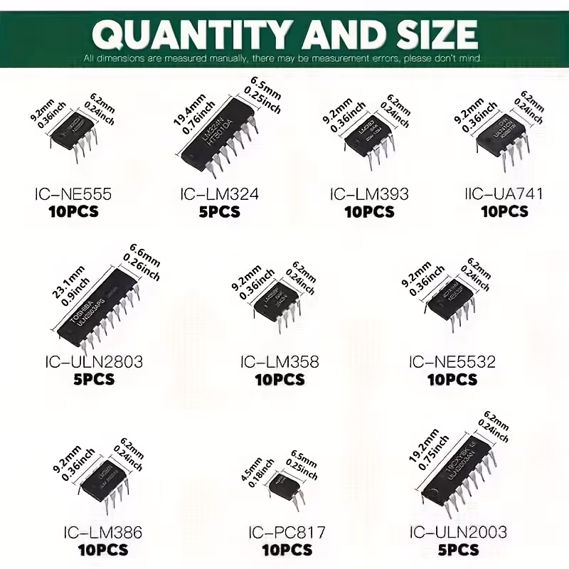 juego de 85 piezas de chips de circuitos - un de plástico con 10 ics (ne555, lm393, ua741, pc817, uln2803, lm324, lm386, uln2003, ne5532, ) para reparaciones , sin alimentación Detalles del producto 2