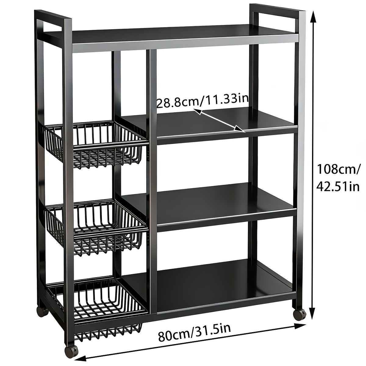 Kitchen Storage Shelf with Mesh Baskets, Metal Frame Serving Cart with Wheels, Rolling Baker's Rack with Adjustable Shelves, for Kitchen Bathroom Living Room Office