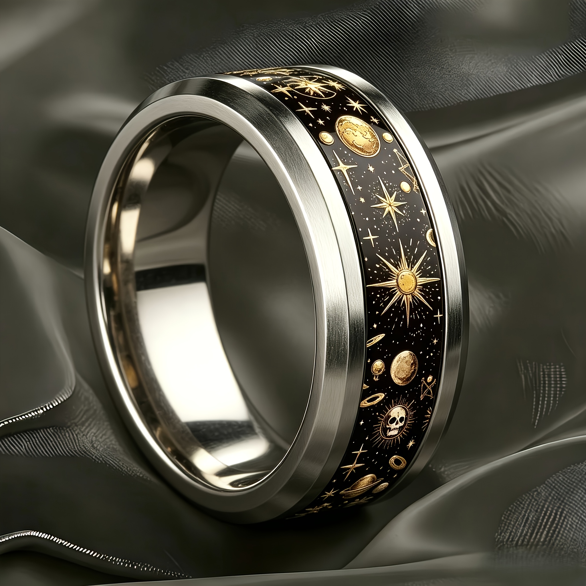 Black Golden Starry Sky Planet Skull Print Ring