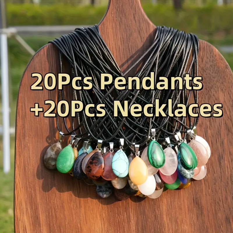 Image of Set Of 20 Natural Crystal Pendants In Colors, Shaped Like Water , Complete With Cords. A Stylish Necklace Perfect For Festival Parties And As A Gift