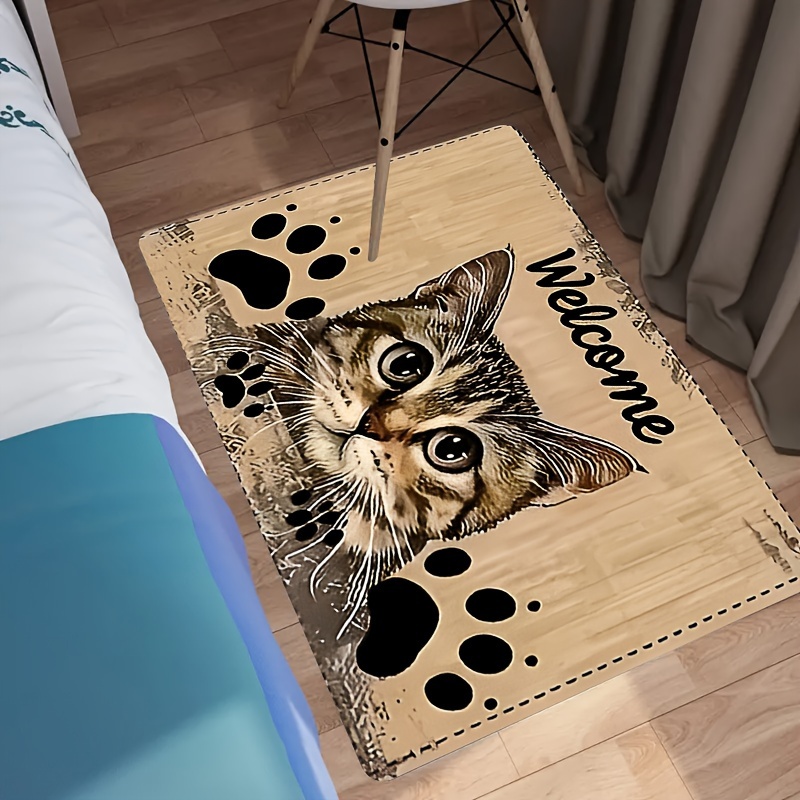 adorable cat welcome door mat stain resistant non slip machine washable polyester rug for living room bedroom or game area details 8