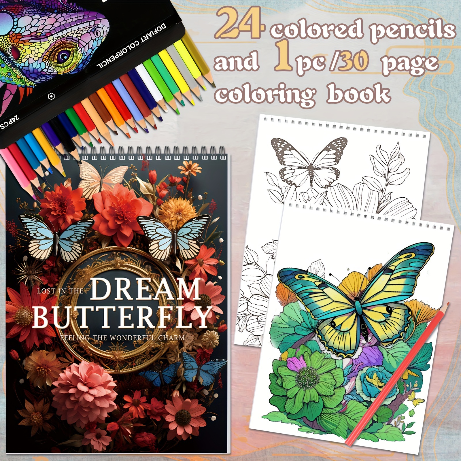 

24 Color Lead + Butterfly Theme Coloring Book, Great Gift For New Year, Valentine's Day, , Easter, Etc.