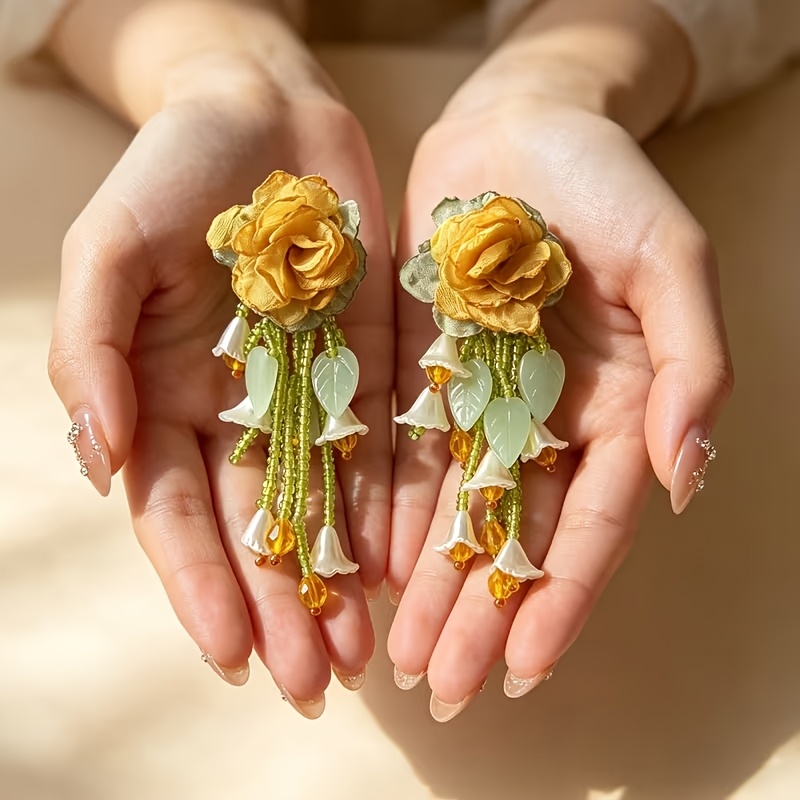 TEMU 2pcs Bohemian Flower Cluster Earrings For Women, Handmade Fabric Beaded Dangle Earrings, Aesthetic Pastoral Style Jewelry, Versatile Accessory