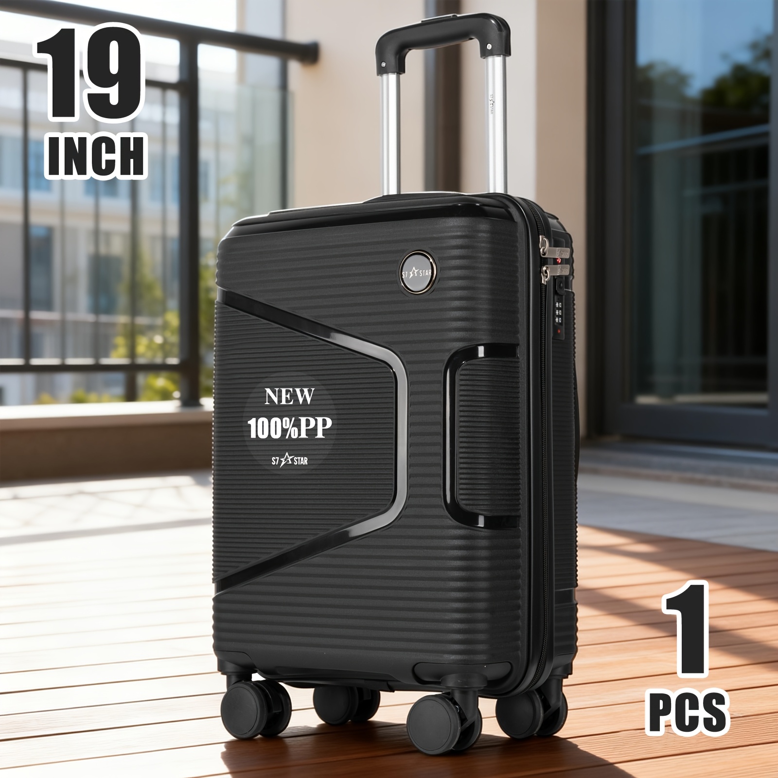 TEMU Equipaje de de 19 pulgadas, 8 colores, material PP 100% resistente y anti-presión, cerradura de y ruedas giratorias de 360°, cremallera , asa