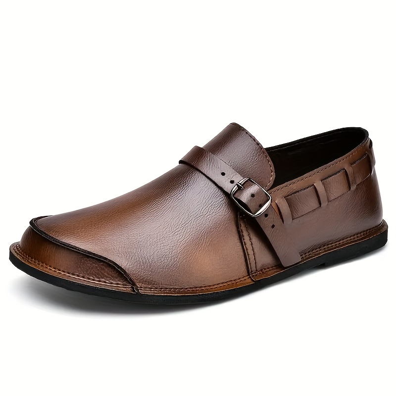 Men'S Retro-Style Slip-On Loafers, Featuring a Solid Color Ultra-Fine Microfiber Upper, Rubber Sole, Round-Toe Casual Business Shoes, Suitable for All Seasons with Decorative Buckle Design for a Classic Vintage Look, Comfortable PU Insole