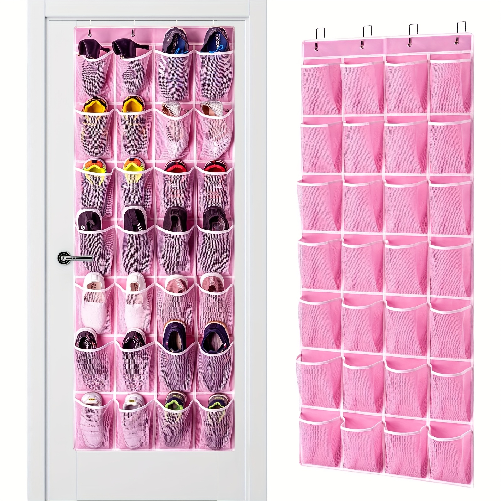 TEMU 28 Grid Hanging Shoe Storage Box With 4 Stainless Steel Hooks - Pink Fabric, Door Storage Box For Shoes And Toiletries, Shoe Storage Box, Neat
