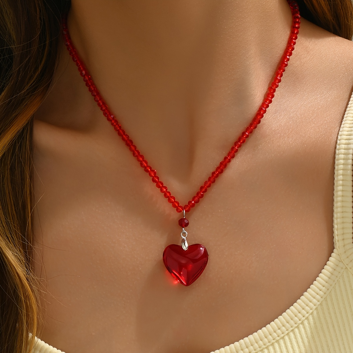 Image of 1pc Elegant Red Heart-shaped Artificial Crystal Pendant Necklace For Women - Perfect For Casual Attire & Special Occasions