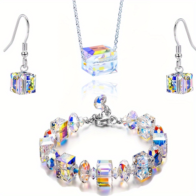 

Jewelry Set, Fashion Simple Iridescent Gradient Glass Cube Design, Includes Earrings, Bracelet, And Necklace, Bling Bling Style