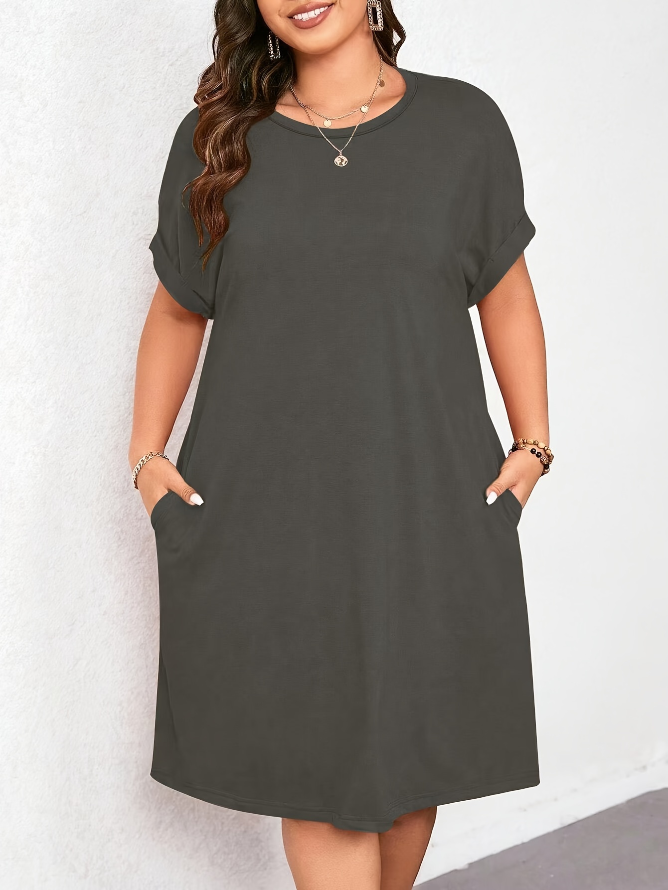 womens plus size summer solid color knee length dress short Temu