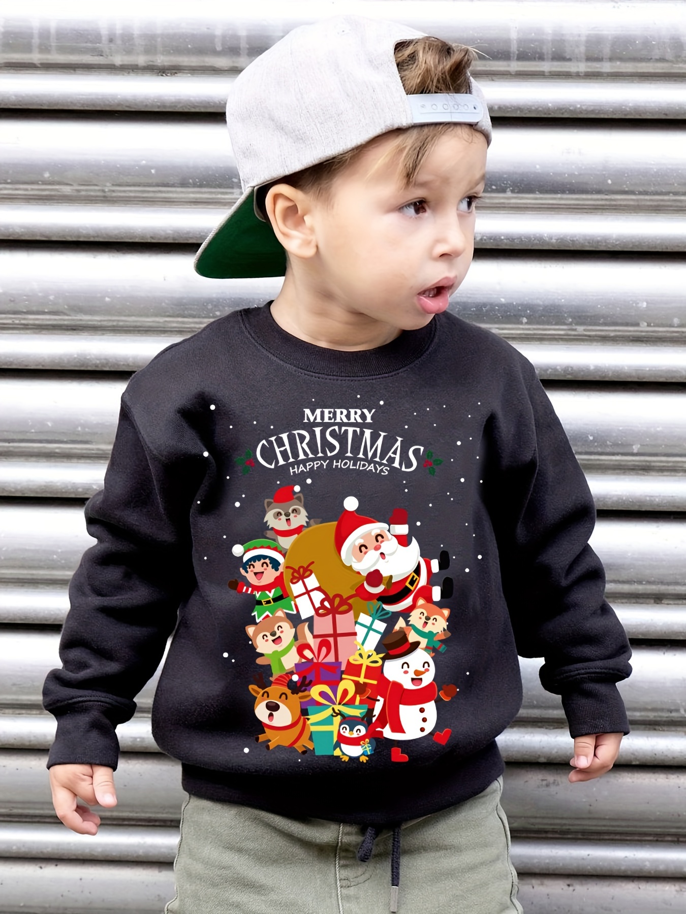 Boys' Christmas Sweatshirt Festive Santa, Candy Canes Presents Print  Cozy Fleece-Lined Pullover for Holiday Parties, Christmas Eve Red Green 