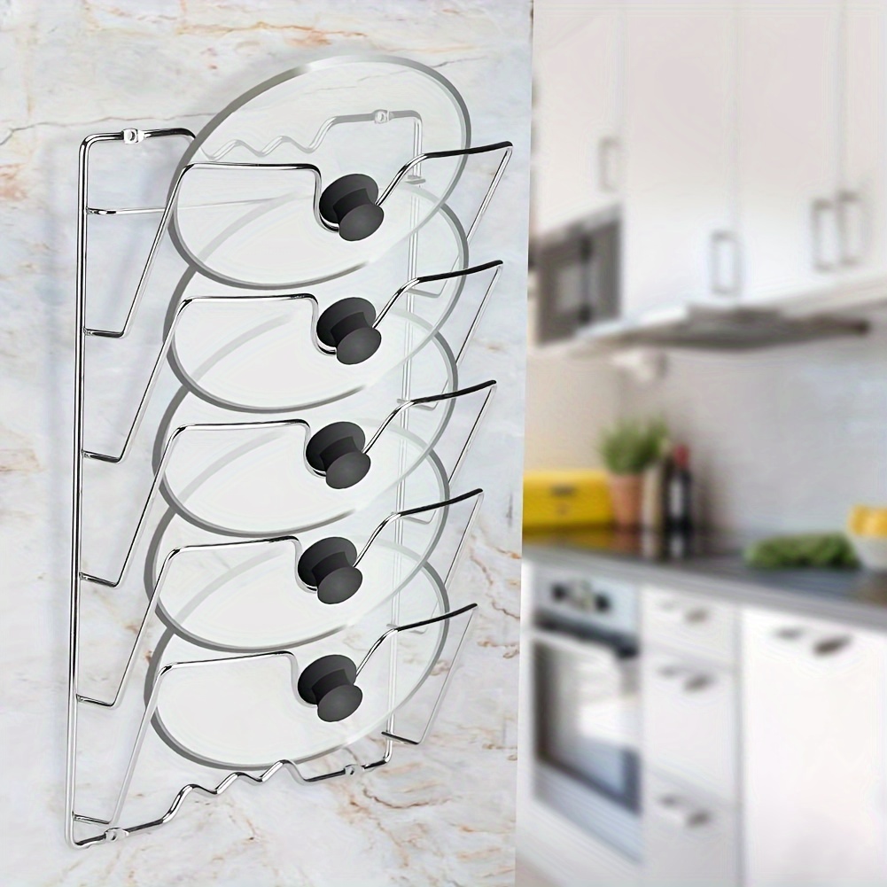 TEMU Metal Pot Lid Organizer Rack - Wall-mounted, Adhesive Hanging Shelf, Multi-layer Kitchen Cabinet Door Lid Storage Holder