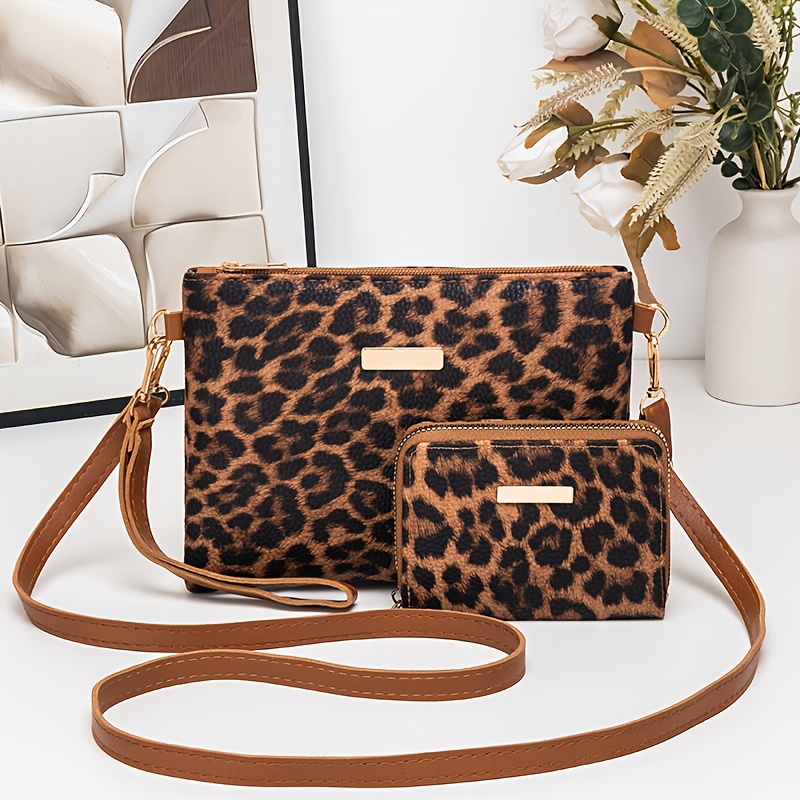 TEMU Women's Crossbody Bag, Fashionable And Simple 2pcs Set, Multi-functional Portable Crossbody Bag, Leopard Print Trendy Shoulder Bag