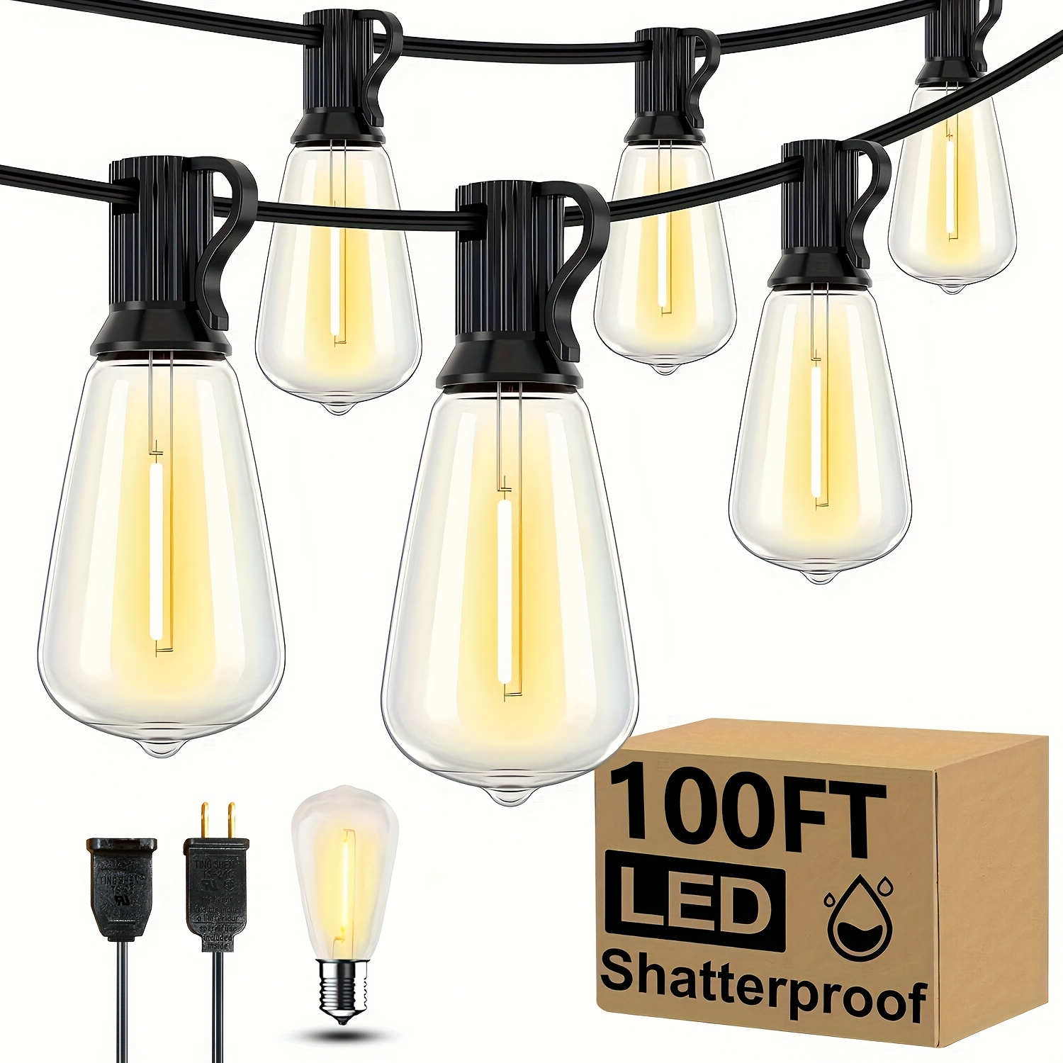 50-200 ft LED Outdoor String Lights with Shatterproof ST38 Edison Bulbs, E12 Socket, Black Wire, 2700K Dimmable Hanging Lights for Party and