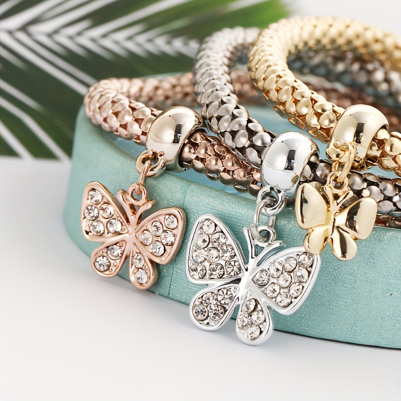 Rhinestone Butterfly Bracelet Set, 3 Chains