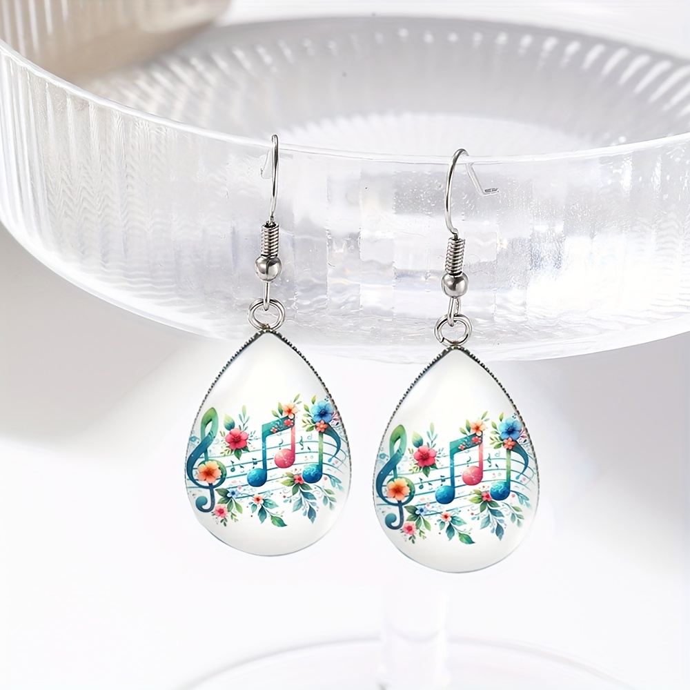 TEMU 1 Pair Floral Music Note Tear Drop Earring Handmade Glass Dome Dangle Earrings Jewelry