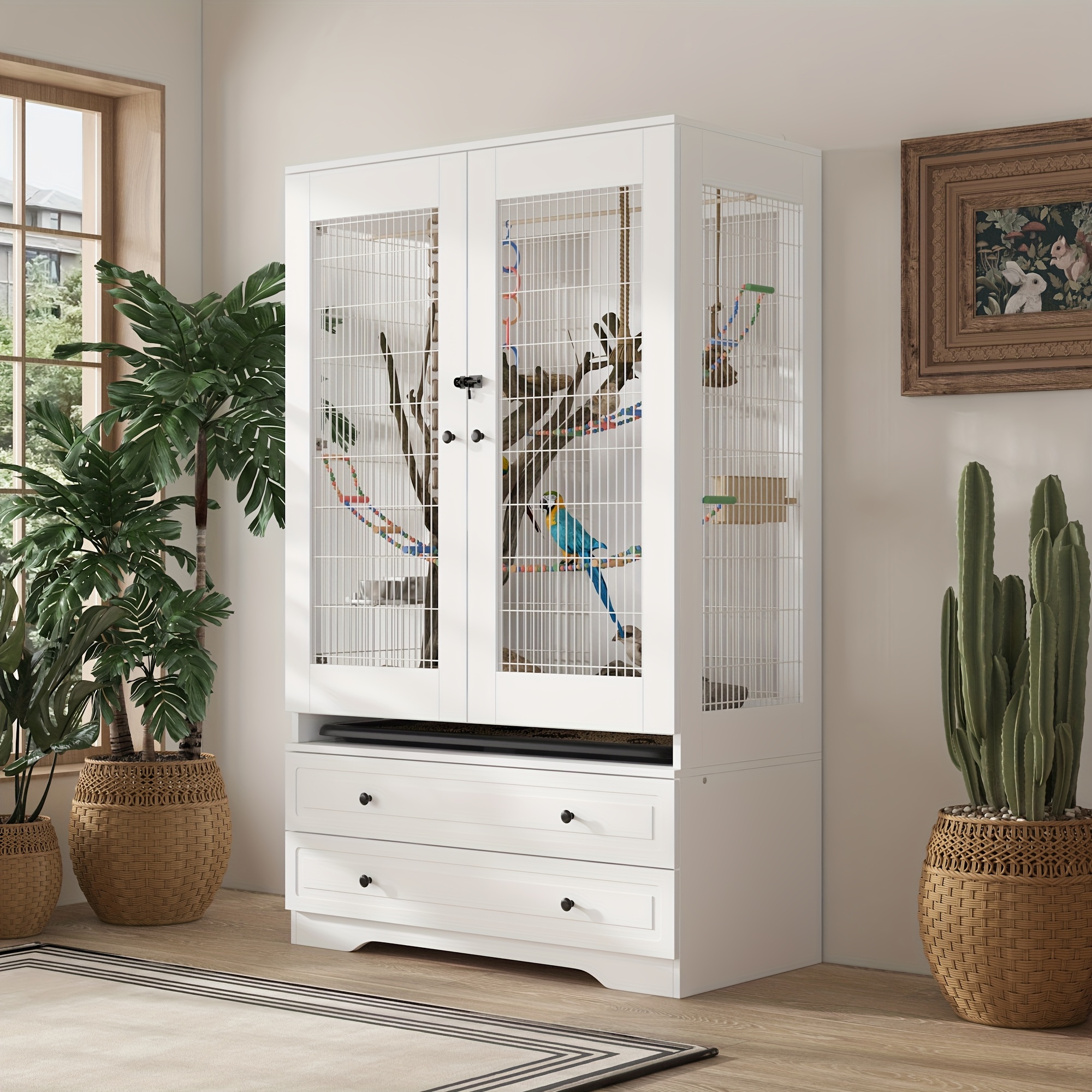 elegant   cage with dual drawer storage bottom tray birdcage with storage drawers   ventilation multifunctional     white 39 3 w x 19 6 d   h Product details 2