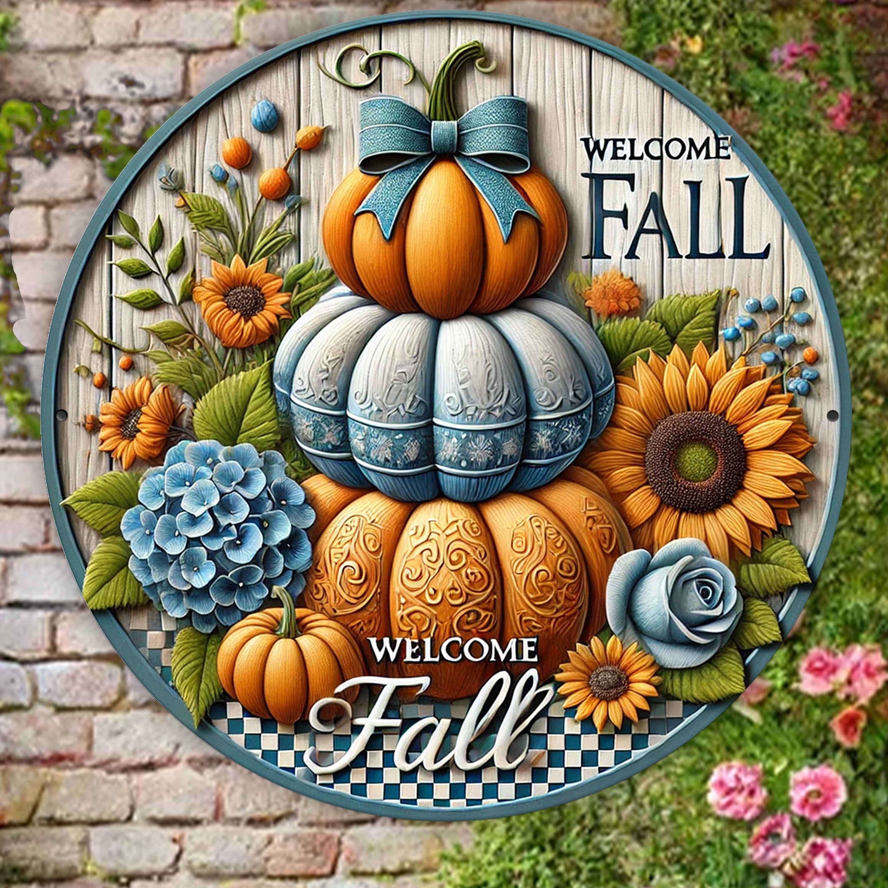 

Set Of 1 Fall Themed Aluminum Metal Sign With 2d Flat Print - Round Pumpkin Wreath Centerpiece Sign For Seasonal Decor