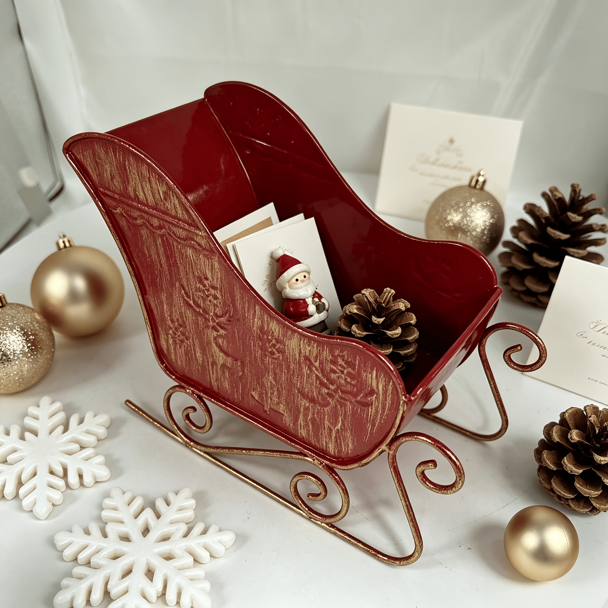 TEMU Décoration de bureau traîneau de Noël vintage en fer forgé rouge, ornement de rangement de fêtes pour bureau à domicile, décoration de fête de