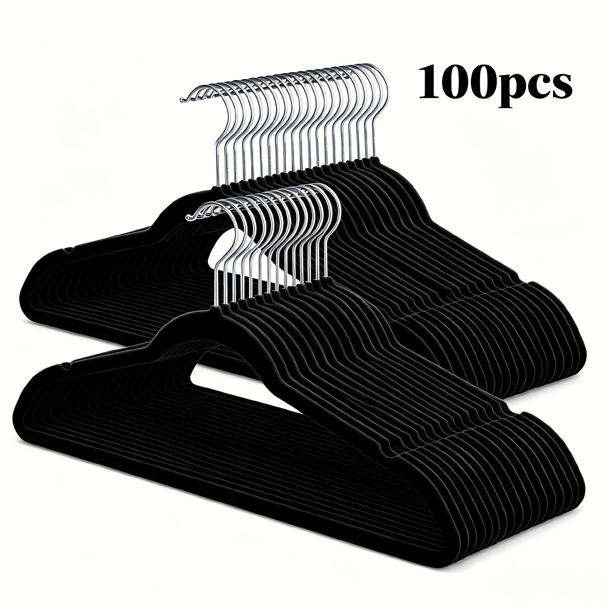 Image of 60/ 100-pack, Black Velvet Hangers, Non-slip Felt Coat Hangers, Durable, Slim, Space- Wardrobe Hangers With 360° Rotating Silvery Hooks For Coats