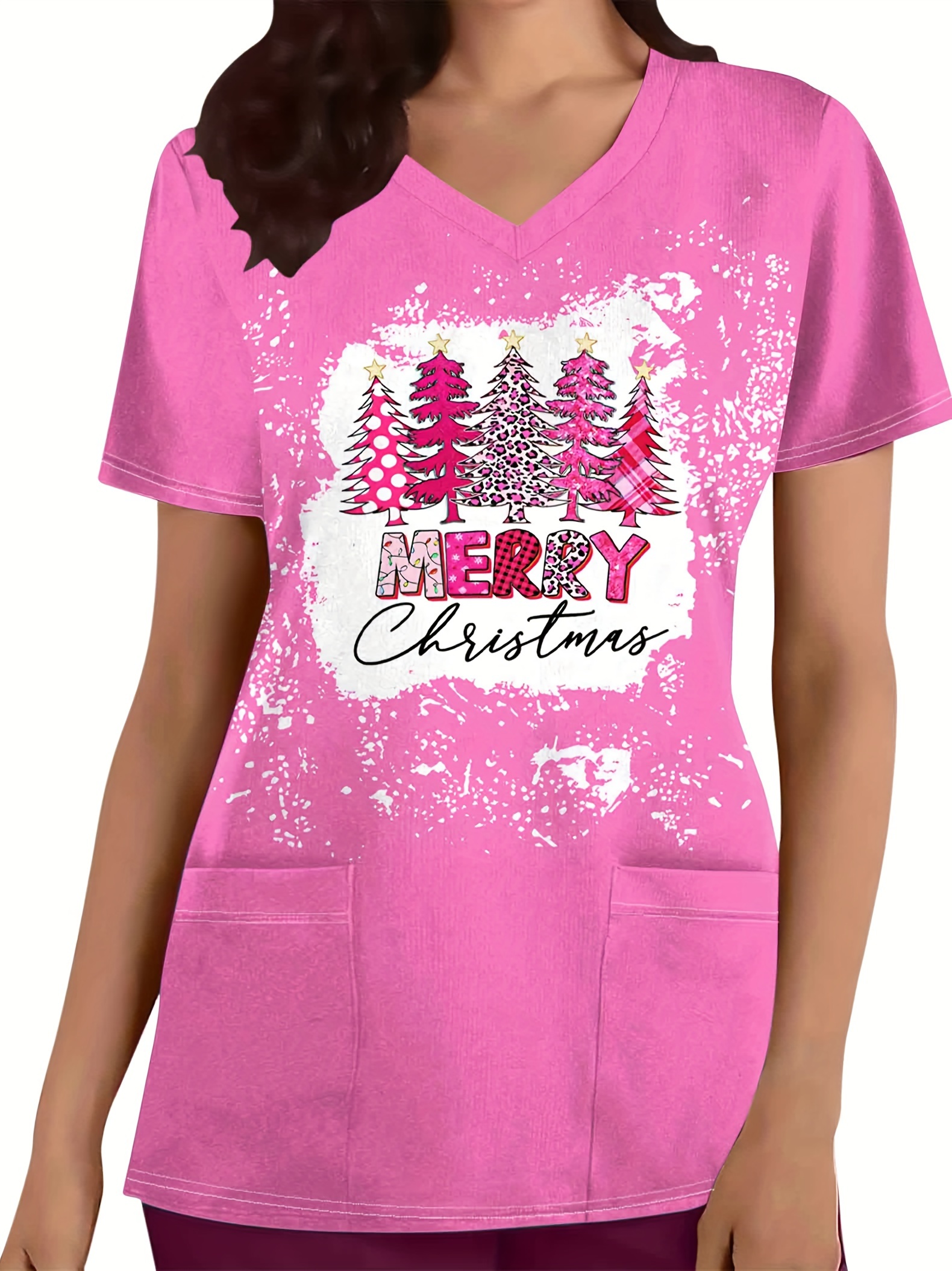 Women's Pink Christmas Tree Print V-Neck Scrub Top, Pink Floral Scrub Top, Blush Botanical Print Uniform Shirt, Scrub Tops, Elegant Festive Nurse, image size:800x1068