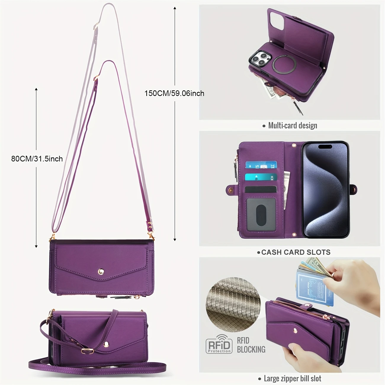 for iphone 16e 16 15 14 11 pro xs xr xs max se 2022 7 8 plus wallet case for women support wireless charging with rfid blocking card holder wallet detachable magnetic phone case crossbody strap details 3
