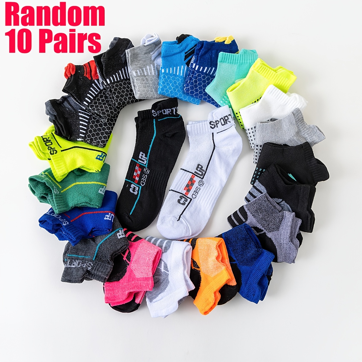 TEMU Random 20pcs/10pairs Men's Cushion Short Socks, Athletic Running , Multicolor Small Toe Design - Durable And Elastic, Sweat-absorbent And