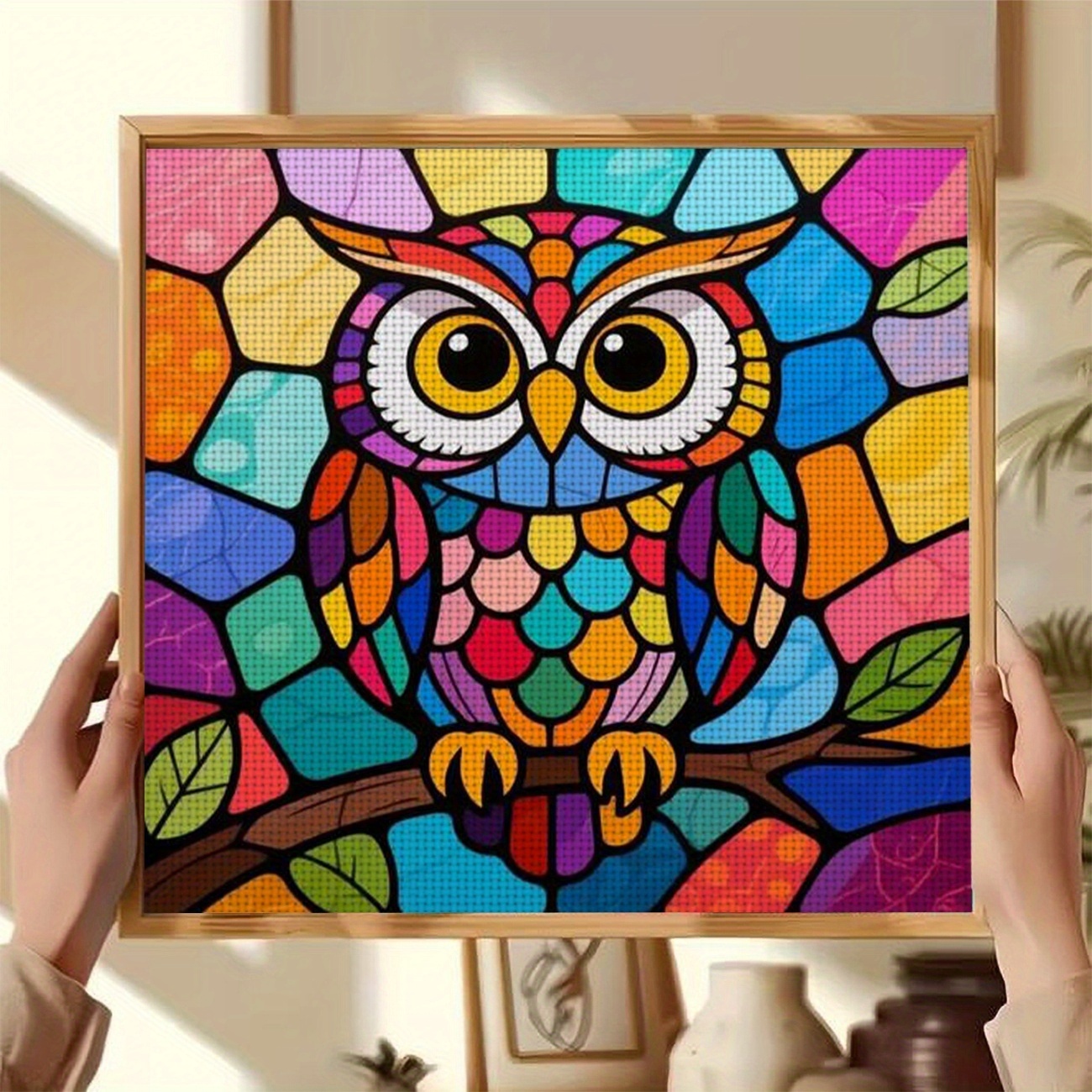 TEMU 1pc Printed Diy Stitch Kit, Frameless, "owl On Stained Glass" Pattern, Perfect For Beginners' Relaxing Craft Time, Experience From "leisure" To