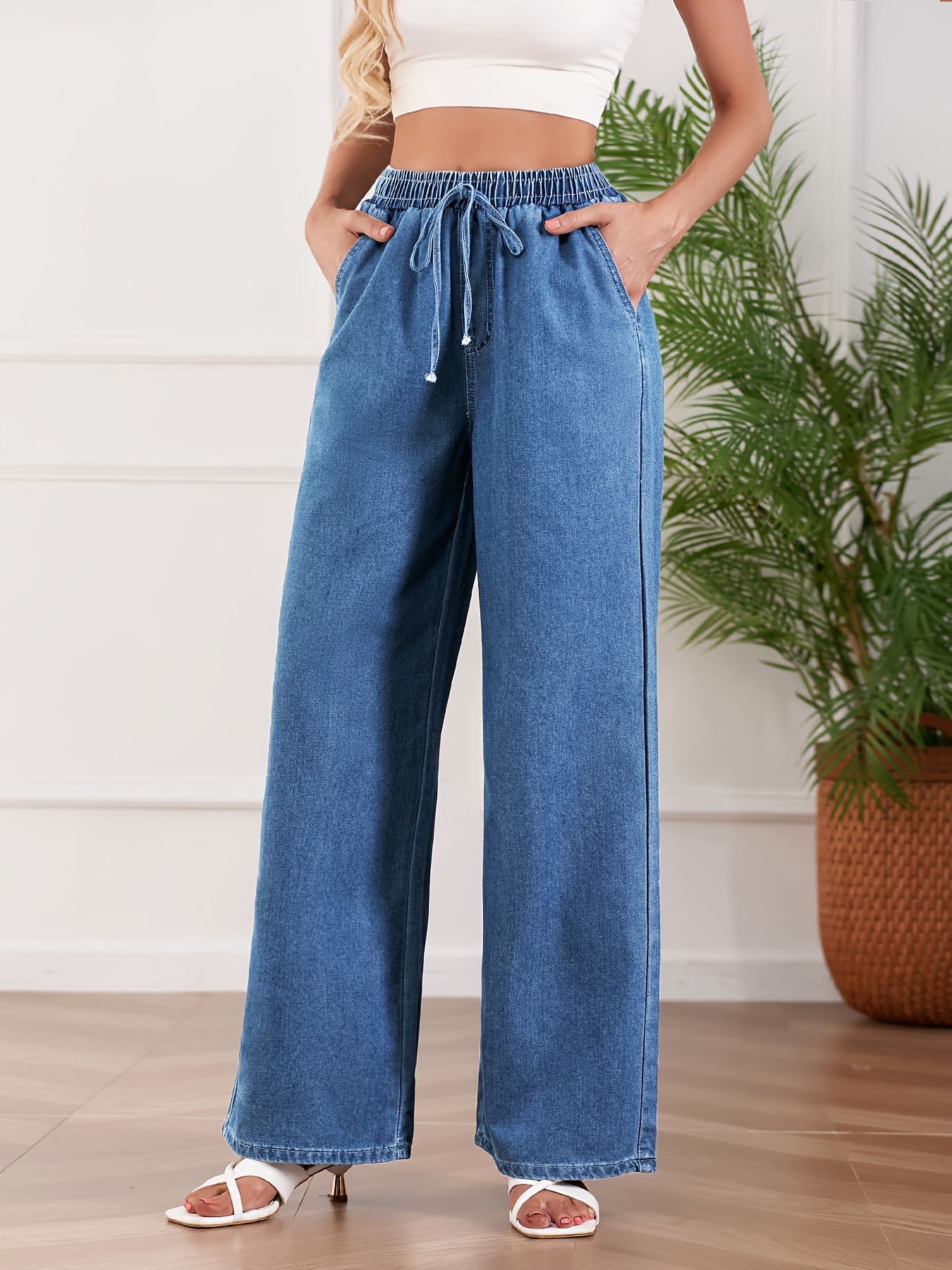 Timuspo Palazzo broek voor dames, zakelijk, geribbelde stof, elegant, casual, loszittend, hoge taille, met elastiek, wijde beensnit, vrijetijdsbroek, zwart, L Petite