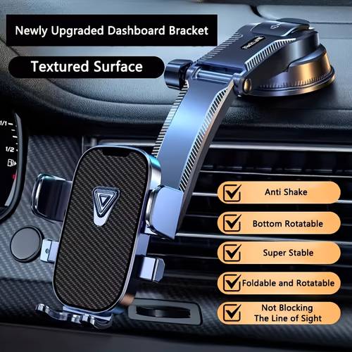 360 degree rotating car phone mount with suction cup abs material dashboard stable grip safe navigation anti shake carbon fiber texture multifunctional navigation stand