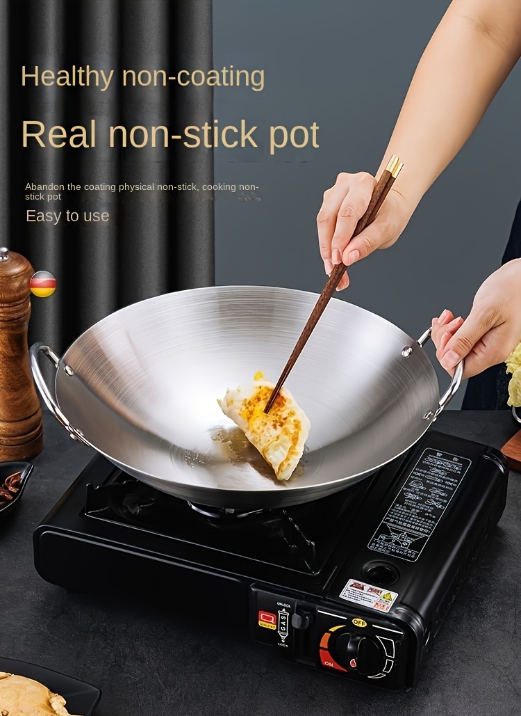 1pc   stainless steel wok with dual handles heavy duty coating free chefs   pan for restaurant and home use easy to clean commercial grade cookware details 8