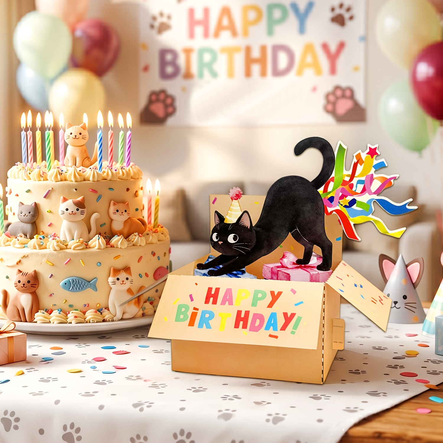 TEMU Biglietto di compleanno 3D a tema gatto che fischia e fa scoppiare , biglietti di compleanno 3D per e con buste, regali sporchi a per mamme,