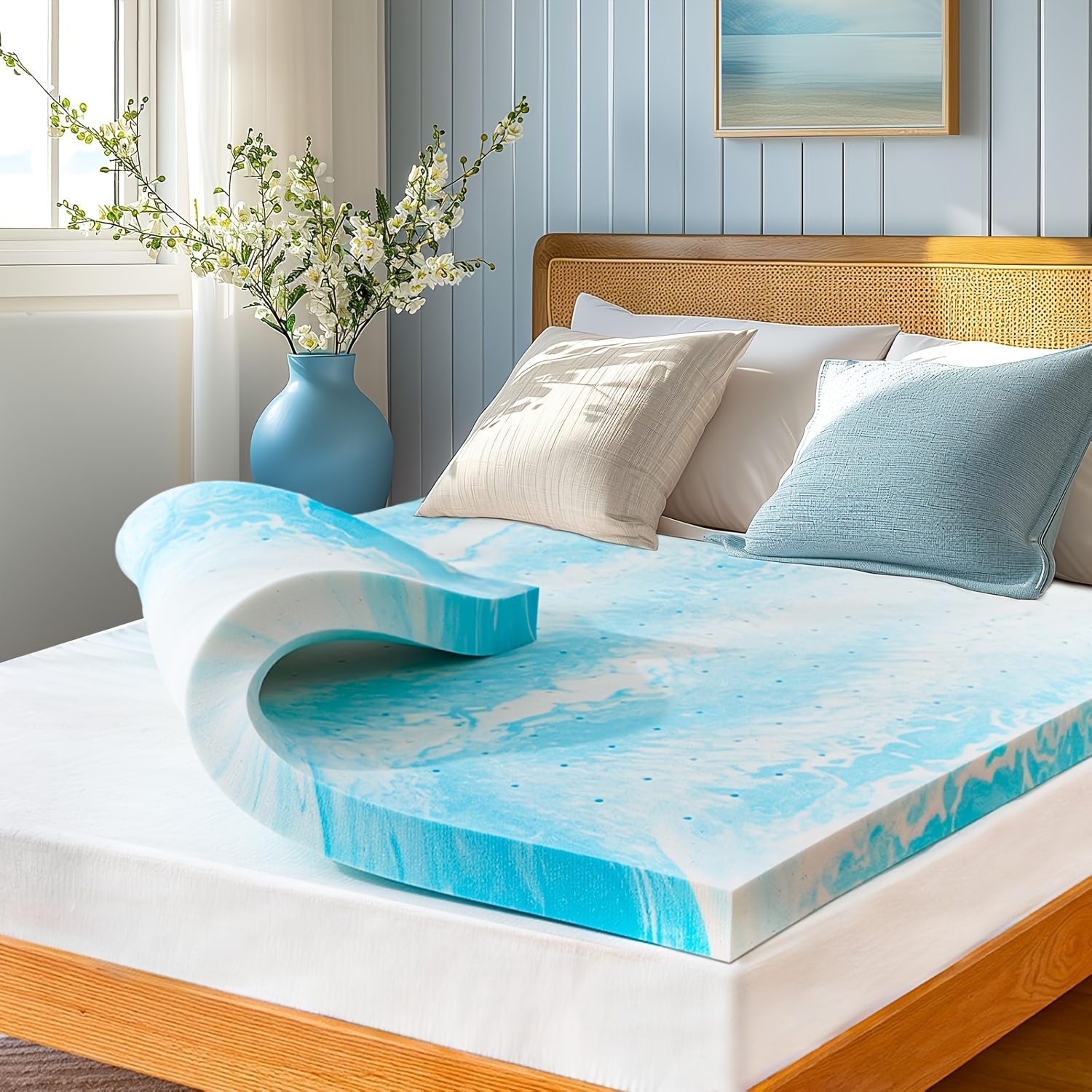 TEMU 3-inch Full Mattress Protector, Cooling Gel Mattress Topper, 100% Fitted Mattress Cover, Easy-to Clean Polyurethane Fabric, Suitable For