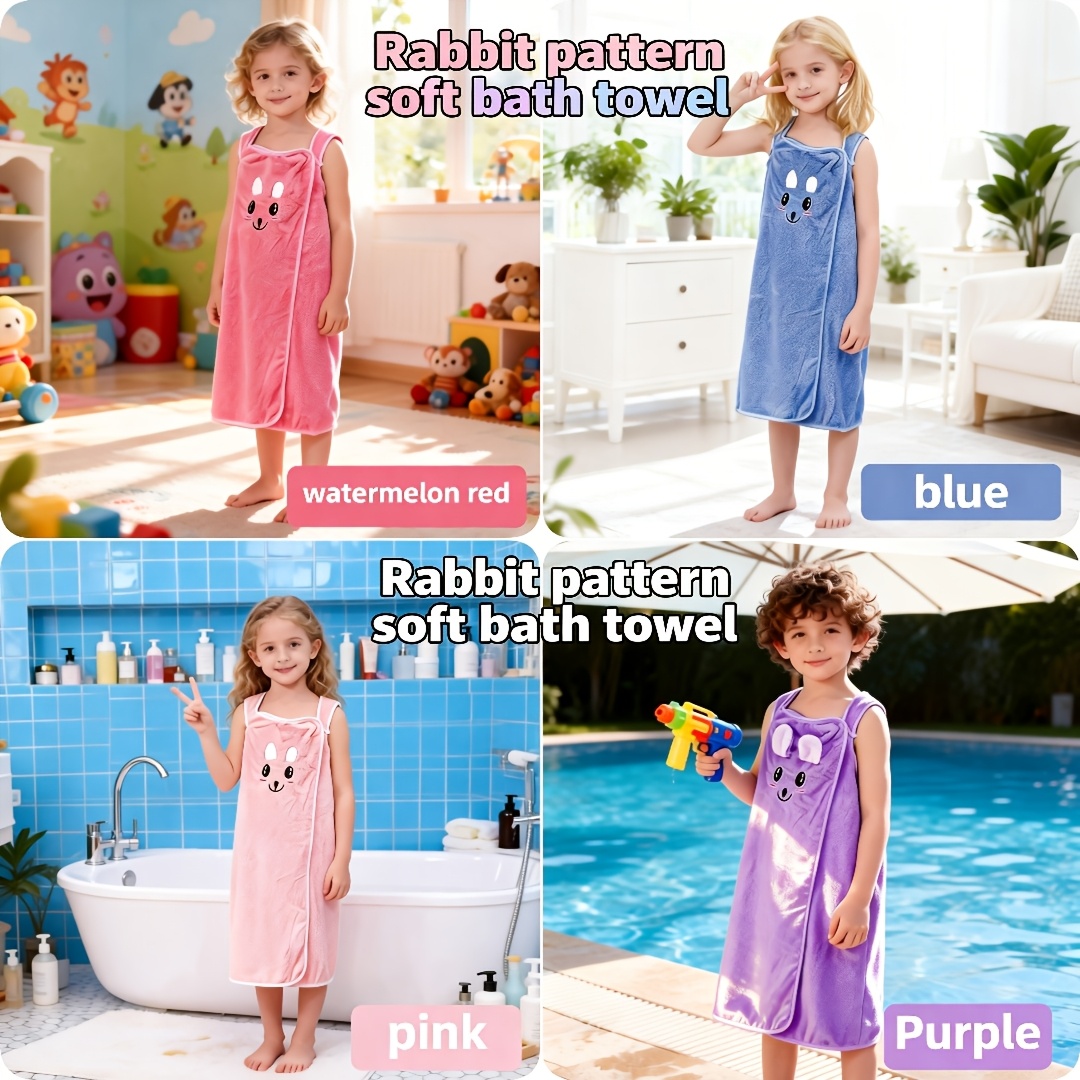 Children's Wearable Bathrobe with Rabbit Ears, Absorbent Quick-Dry Skirt Robe for Ages 6-12, Multiple Colors